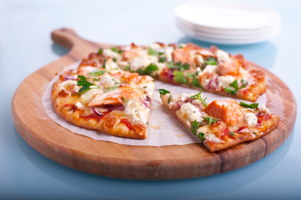 Hot smoked salmon pizza with fetta & red onion recipe Huon Aquaculture