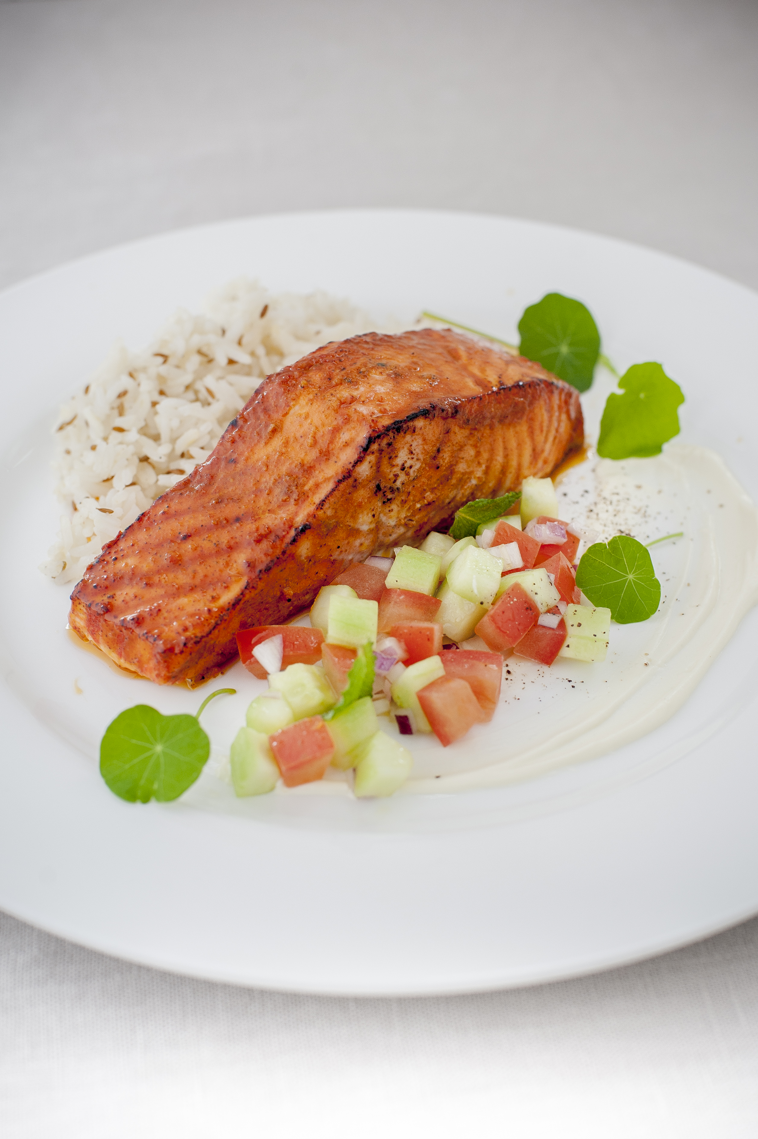 3 Way Refrigerator >> Tandoori salmon portion, spiced rice and cucumber mint salsa 3 Way Refrigerator >> Tandoori salmon portion, spiced rice and cucumber mint salsa