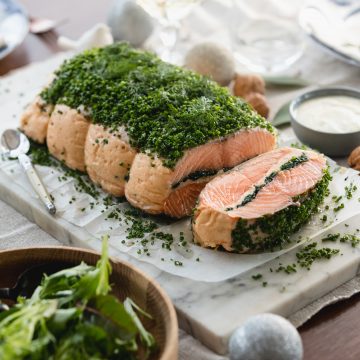 Baked Huon Salmon, Stuffed with Salmon Mousse and Spinach