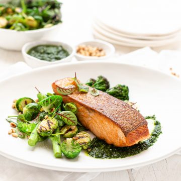Crispy Skin Huon Salmon with Chargrilled Brussel Sprout and Broccolini Salad with Pesto