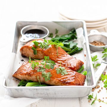 Soy Glazed Baked Huon Salmon With Chinese Broccoli