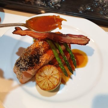 Sesame Crusted Huon Salmon with Char Grilled Asparagus, Caramalised Orange Sauce and Huon Hot Smoked Salmon Fried Rice
