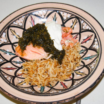 Huon Salmon with Sabzi mahi, Tahnini Yoghurt and Fried egg noodle rice