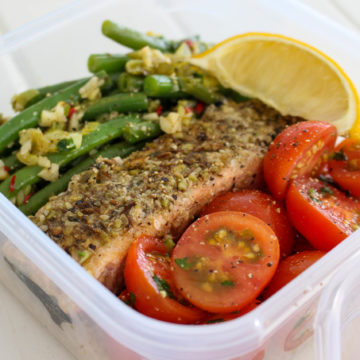 Dukkah Crusted Huon Salmon Portions with Zesty Veggies